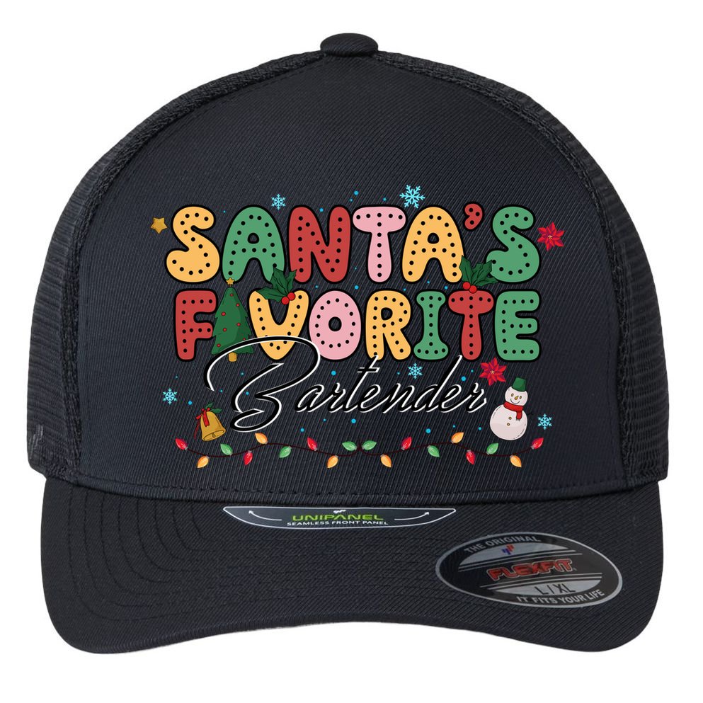 Santa Favorites Bartender Christmas Holiday Drinking Team Flexfit Unipanel Trucker Cap