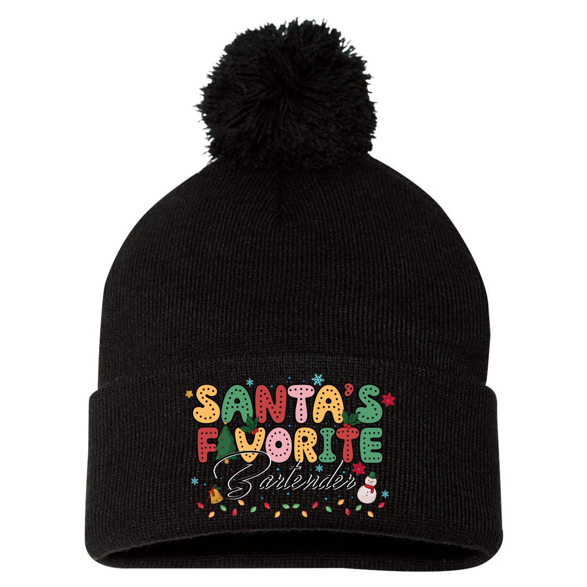 Santa Favorites Bartender Christmas Holiday Drinking Team Pom Pom 12in Knit Beanie