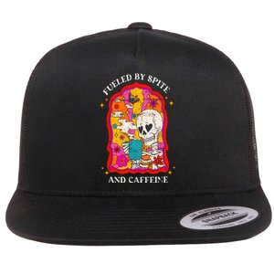 Skeleton Fueled By Spite And Caffeine Flat Bill Trucker Hat