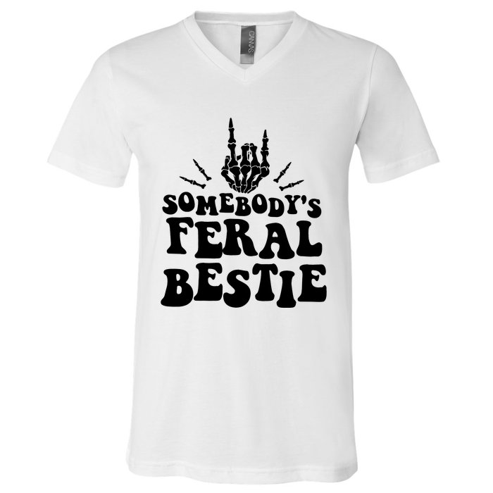 SomebodyS Feral Bestie Cool Bone Skeleton V-Neck T-Shirt