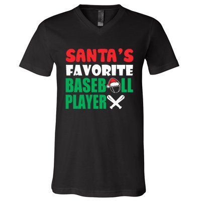 SantaS Favorite Baseball Player Hat Funny Christmas V-Neck T-Shirt