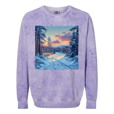 Snowy Forest Clearing Landscape Vintage Graphic Colorblast Crewneck Sweatshirt