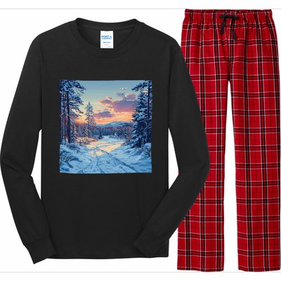 Snowy Forest Clearing Landscape Vintage Graphic Long Sleeve Pajama Set