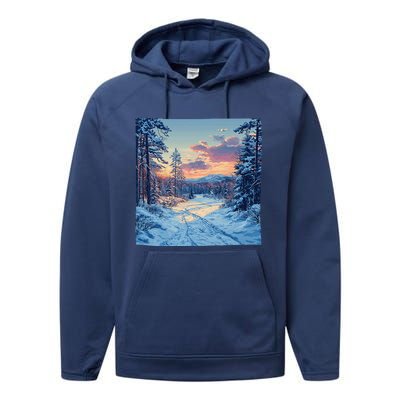 Snowy Forest Clearing Landscape Vintage Graphic Performance Fleece Hoodie