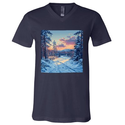 Snowy Forest Clearing Landscape Vintage Graphic V-Neck T-Shirt