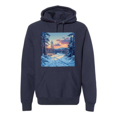 Snowy Forest Clearing Landscape Vintage Graphic Premium Hoodie