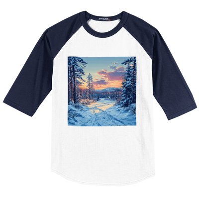 Snowy Forest Clearing Landscape Vintage Graphic Baseball Sleeve Shirt