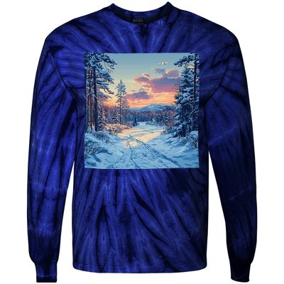 Snowy Forest Clearing Landscape Vintage Graphic Tie-Dye Long Sleeve Shirt