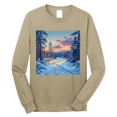 Snowy Forest Clearing Landscape Vintage Graphic Long Sleeve Shirt