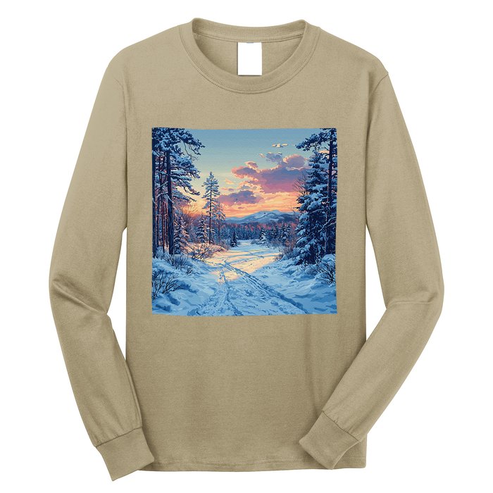 Snowy Forest Clearing Landscape Vintage Graphic Long Sleeve Shirt