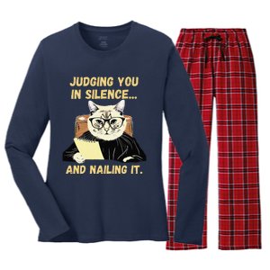 Sarcastic Funny Cat Judging You In Silence And Nailing It Women's Long Sleeve Flannel Pajama Set 