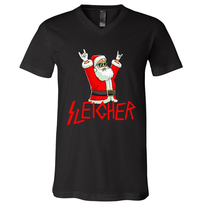 Sleigher Funny Christmas Heavy Metal Music Gifts V-Neck T-Shirt