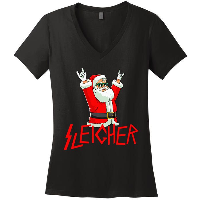 Sleigher Funny Christmas Heavy Metal Music Gifts Women's V-Neck T-Shirt