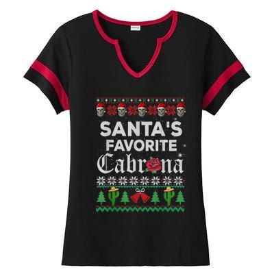 SantaS Favorite Cabrona Ugly Xmas Sweater Funny Santa Skull Gift Ladies Halftime Notch Neck Tee