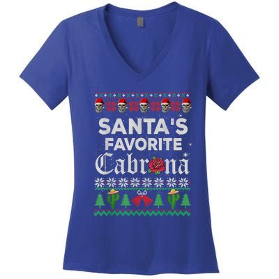 SantaS Favorite Cabrona Ugly Xmas Sweater Funny Santa Skull Gift Women's V-Neck T-Shirt