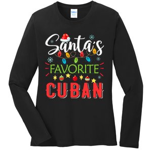 Santa's Favorite Cuban Xmas Light Santa Hat Christmas Gift Ladies Long Sleeve Shirt