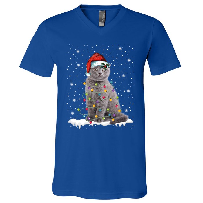 Scottish Fold Cat Funny Christmas Lights Xmas Kitten Gift V-Neck T-Shirt