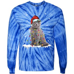 Scottish Fold Cat Funny Christmas Lights Xmas Kitten Gift Tie-Dye Long Sleeve Shirt