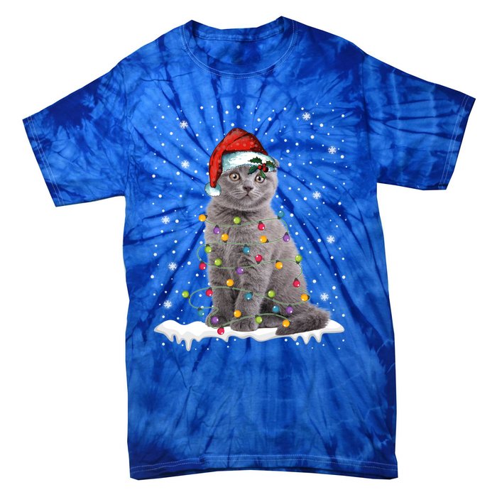 Scottish Fold Cat Funny Christmas Lights Xmas Kitten Gift Tie-Dye T-Shirt