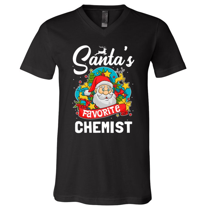 SantaS Favorite Chemist Xmas Light Santa Hat Christmas V-Neck T-Shirt