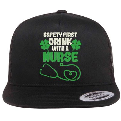 Safety First Drink With A Nurse Shamrock St Patricks Day Flat Bill Trucker Hat