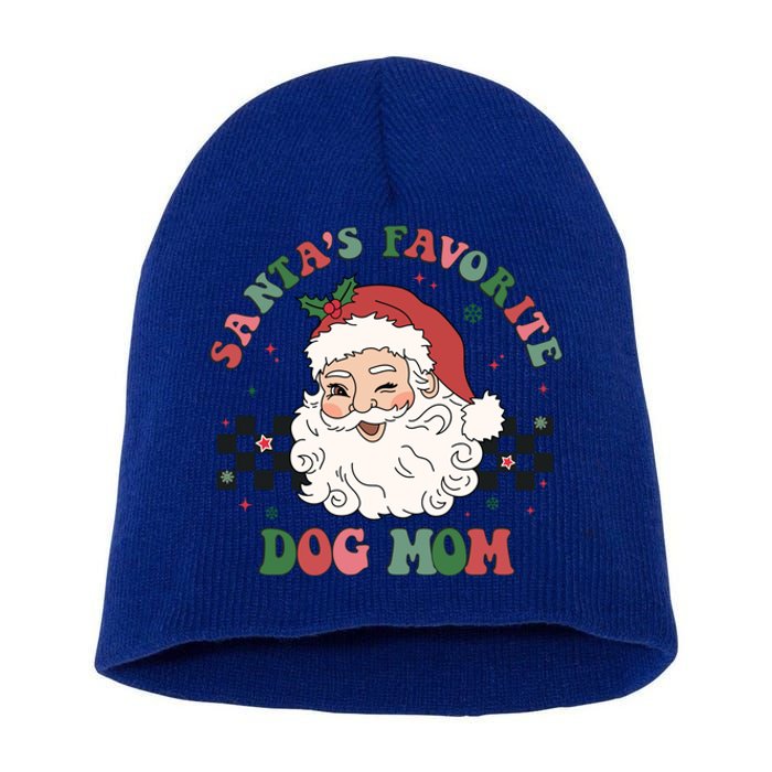 SantaS Favorite Dog Mom Retro Groovy Paws Christmas Santa Funny Gift Short Acrylic Beanie