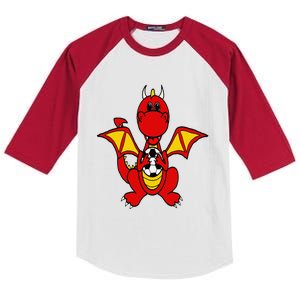 Southerndesigntees Funny Dragon Playing Soccer Kids Colorblock Raglan Jersey