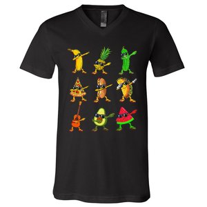 Summer Fruit Dabbing Banana Pineapple Pizza Watermelon V-Neck T-Shirt