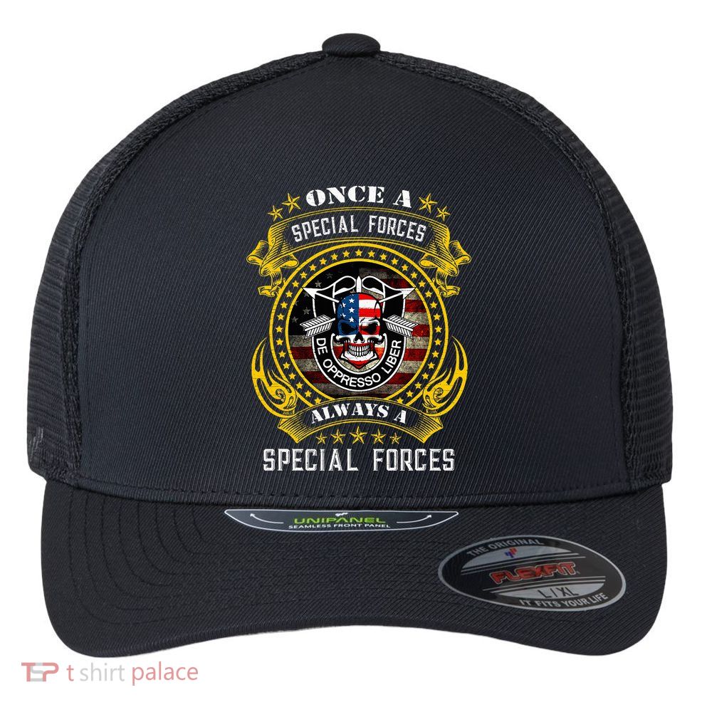 Special Forces De Oppresso Liber Green Beret Skull Flexfit Unipanel Trucker Cap