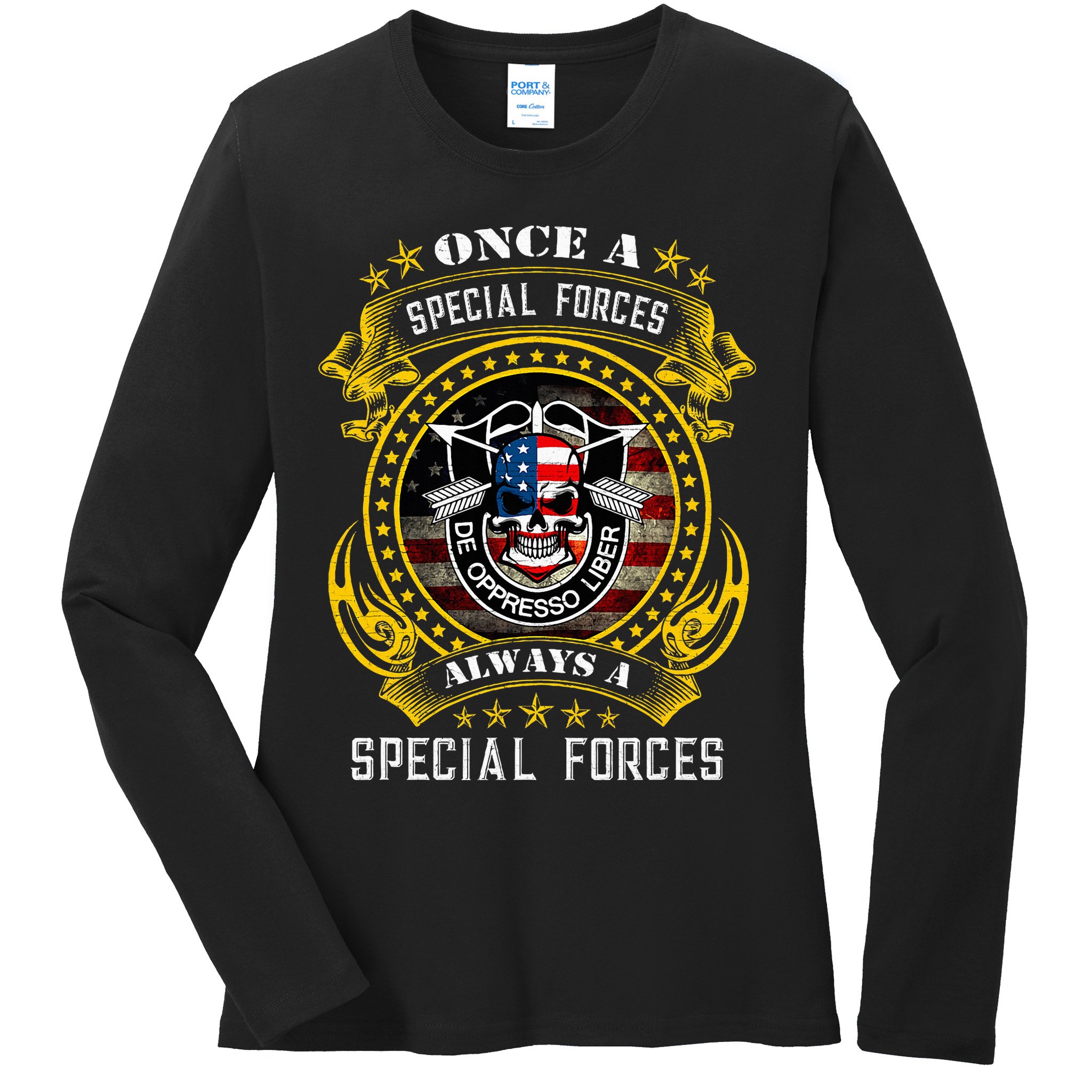 Special Forces De Oppresso Liber Green Beret Skull Ladies Long Sleeve Shirt