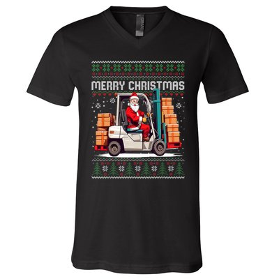 Santa Forklift Driver Christmas Ugly Funny Gift V-Neck T-Shirt