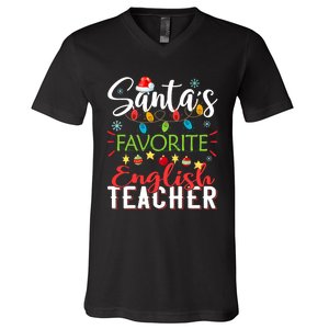 SantaS Favorite English Teacher Xmas Light Hat Christmas V-Neck T-Shirt