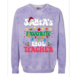 SantaS Favorite Esol Teacher Santa Hat Xmas Light Christmas Colorblast Crewneck Sweatshirt