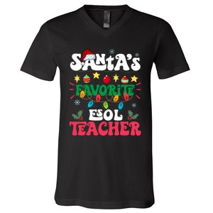 SantaS Favorite Esol Teacher Santa Hat Xmas Light Christmas V-Neck T-Shirt