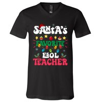 SantaS Favorite Esol Teacher Santa Hat Xmas Light Christmas V-Neck T-Shirt