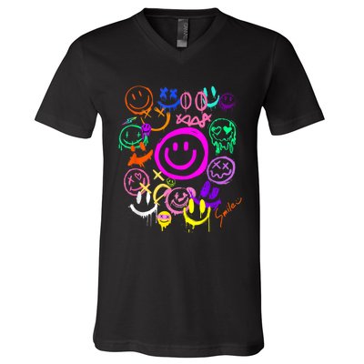 Smile Face Emoticons Fun Vivid Graffiti Smileys Graphic V-Neck T-Shirt