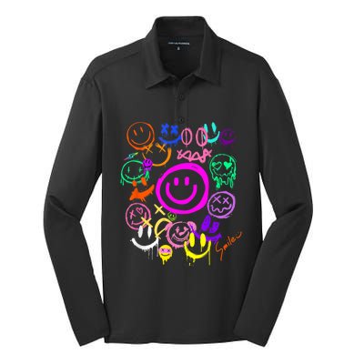 Smile Face Emoticons Fun Vivid Graffiti Smileys Graphic Silk Touch Performance Long Sleeve Polo