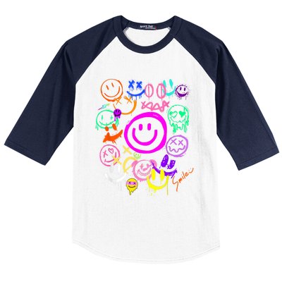 Smile Face Emoticons Fun Vivid Graffiti Smileys Graphic Baseball Sleeve Shirt