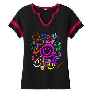 Smile Face Emoticons Fun Vivid Graffiti Smileys Graphic Ladies Halftime Notch Neck Tee