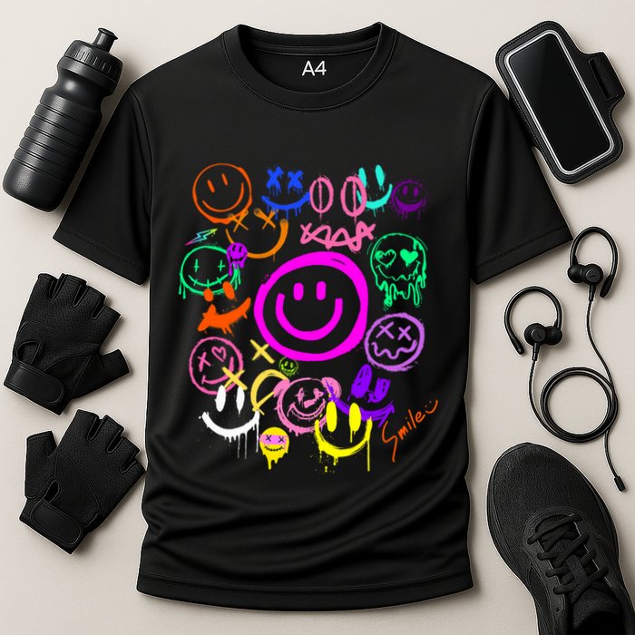 Smile Face Emoticons Fun Vivid Graffiti Smileys Graphic Cooling Performance Crew T-Shirt