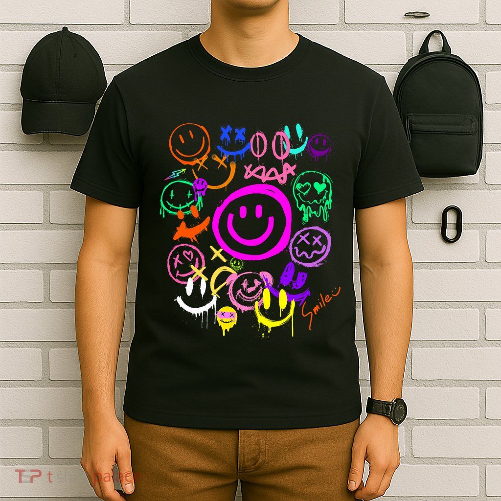 Smile Face Emoticons Fun Vivid Graffiti Smileys Graphic T-Shirt