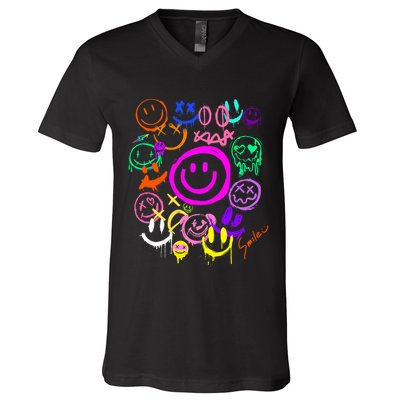Smile Face Emoticons Fun Vivid Graffiti Smileys Graphic V-Neck T-Shirt