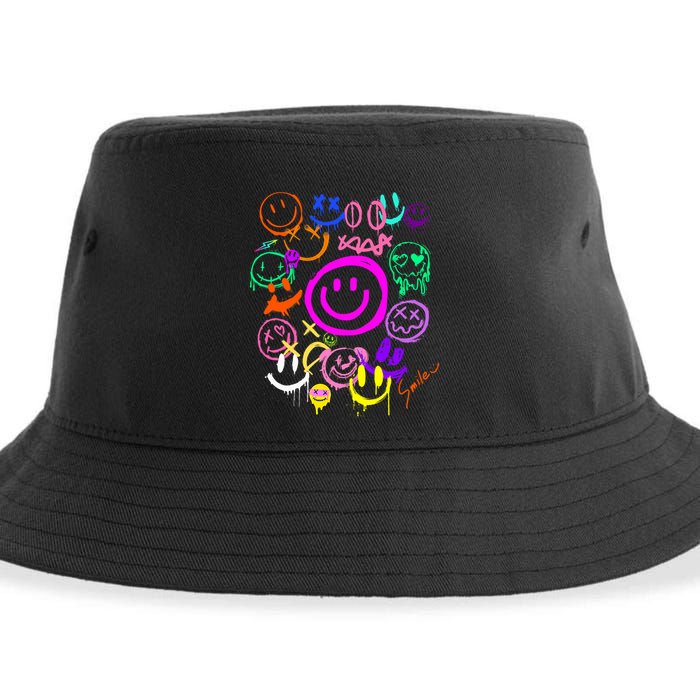 Smile Face Emoticons Fun Vivid Graffiti Smileys Graphic Sustainable Bucket Hat