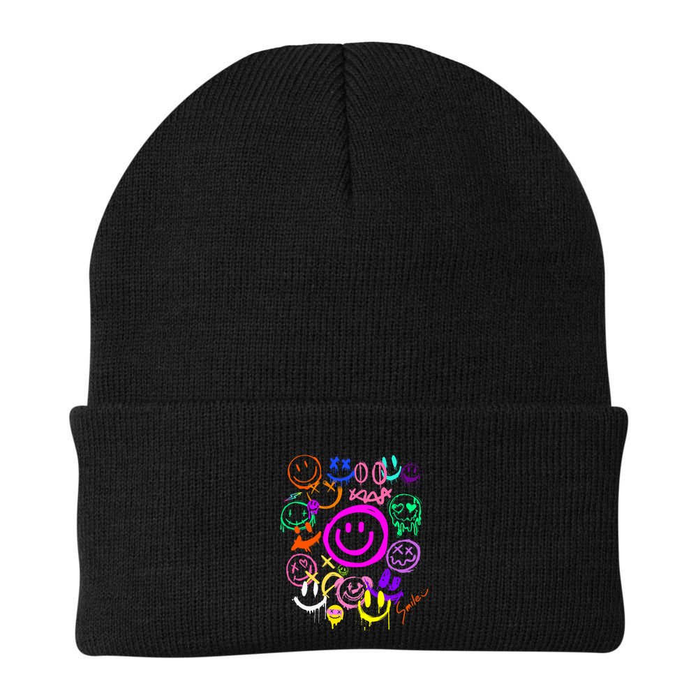 Smile Face Emoticons Fun Vivid Graffiti Smileys Graphic Beanie