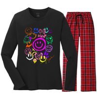 Smile Face Emoticons Fun Vivid Graffiti Smileys Graphic Women's Long Sleeve Flannel Pajama Set 