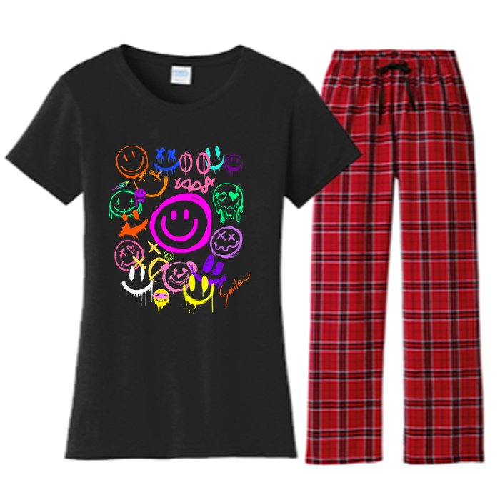 Smile Face Emoticons Fun Vivid Graffiti Smileys Graphic Women's Flannel Pajama Set