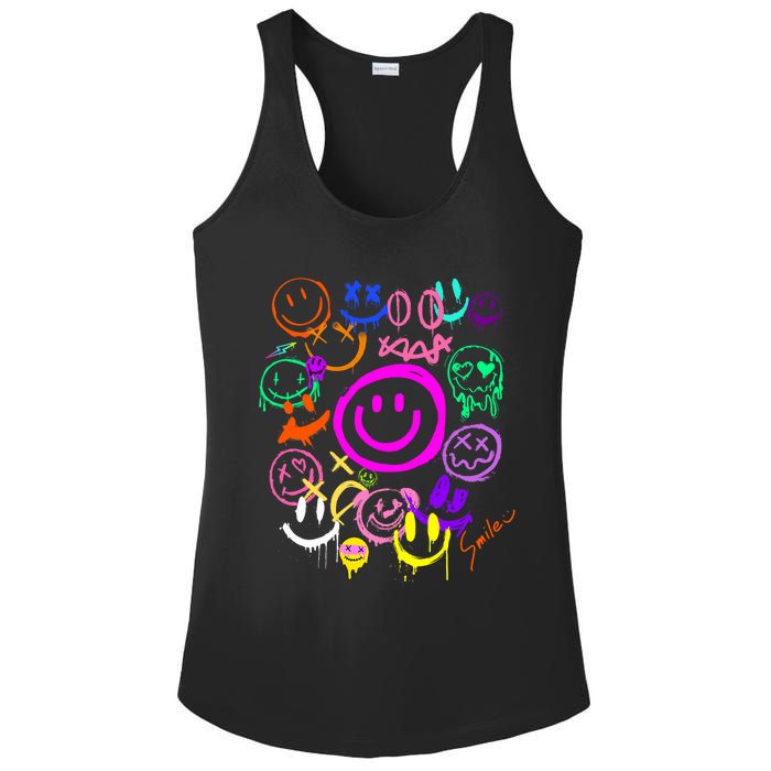 Smile Face Emoticons Fun Vivid Graffiti Smileys Graphic Ladies PosiCharge Competitor Racerback Tank