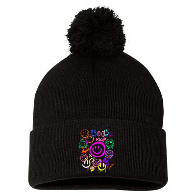 Smile Face Emoticons Fun Vivid Graffiti Smileys Graphic Pom Pom 12in Knit Beanie