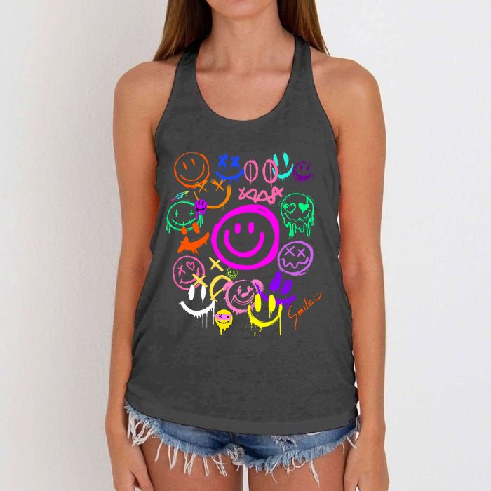 Smile Face Emoticons Fun Vivid Graffiti Smileys Graphic Women's Knotted Racerback Tank