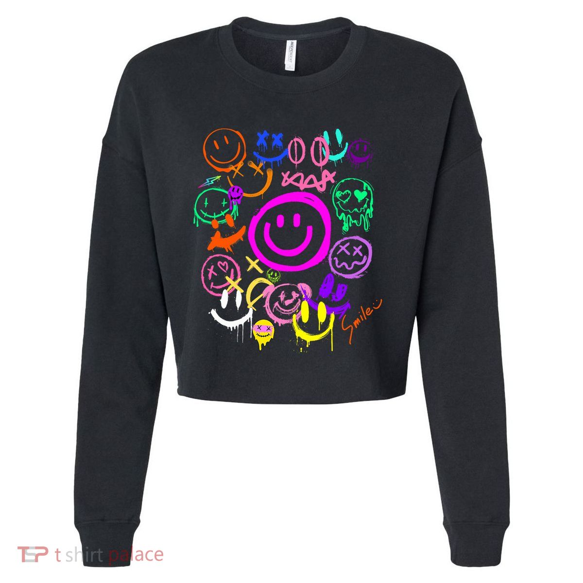 Smile Face Emoticons Fun Vivid Graffiti Smileys Graphic Cropped Pullover Crew